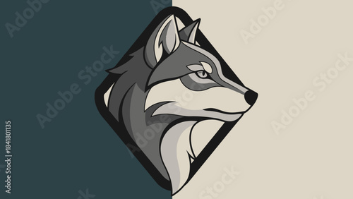 A stylized, monochromatic illustration of a wolf's head in profile, set against a split background of dark teal and cream.