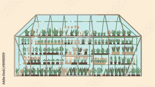 A detailed illustration of a greenhouse filled with a variety of potted plants on multiple shelves.