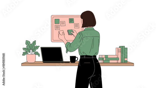 Illustration of a woman organizing notes on a board in a modern office setup visualization