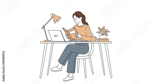 Illustration of a woman reading a book at her desk in a minimalist style