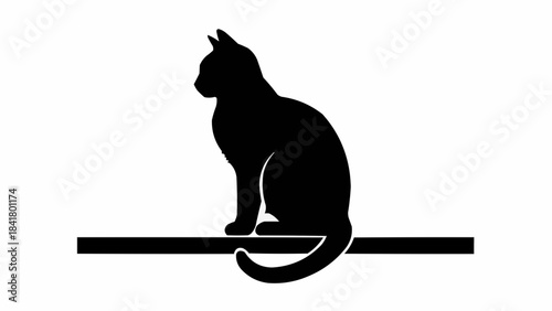 Black cat silhouette sitting on a horizontal line