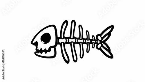 Doodle style fish skeleton icon, hand drawn sketch of fish bones