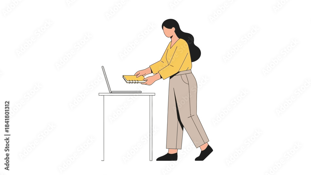 Fototapeta premium Illustration of a woman with long hair and yellow shirt holding a notebook near a laptop