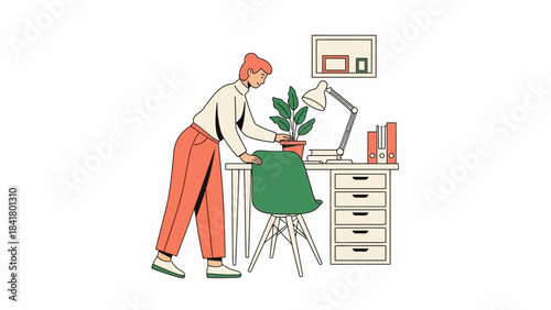 Illustration of a woman with a plant at a desk in a minimalist workspace