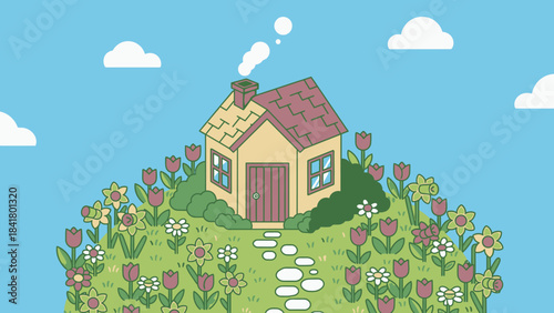 Cozy Home in Bloom: An inviting cottage, complete with smoking chimney, is nestled on a floral hill under a bright blue sky, the pathway leads to door, perfect idyllic scene of peace and serenity.