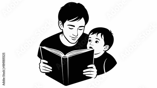 Father reading a storybook to his son, black and white illustration