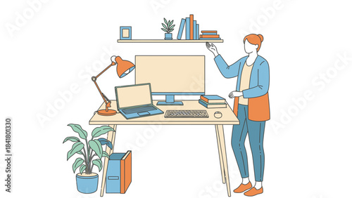 Illustration of a woman working at a desk with a computer, laptop, and plant in a home office