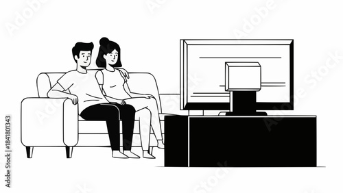 Couple sitting on a couch watching television in a simple line art style