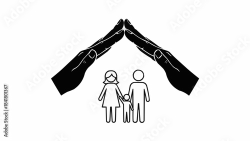 Hands forming a protective roof over a family icon, concept of security and insurance