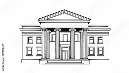 Classical building facade with columns and pediment black and white line art
