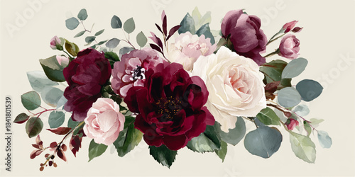 Elegant burgundy and cream rose bouquet with eucalyptus leaves on a light background