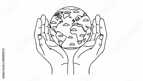 Hands holding the earth globe outline drawing for environmental protection concept