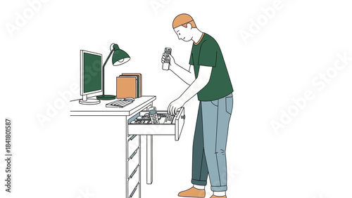 Man finding phone in drawer at office desk vector illustration