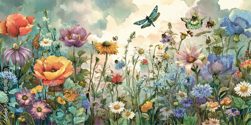 Vibrant wildflower meadow bursting with color and butterflies in soft sunlight