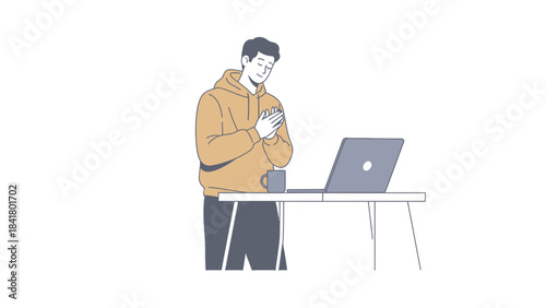 Man in a hoodie, praying, works on a laptop, a concept of technology and mindset