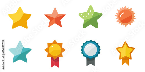 Collection of colorful cartoon stars and award ribbons on a white background