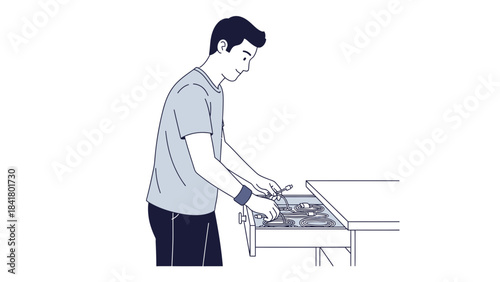 Man is organizing the cables inside a drawer to keep things tidy and neat