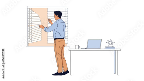 Man Opening Blinds at Office, Work From Home, Sunlight Coming Through Window