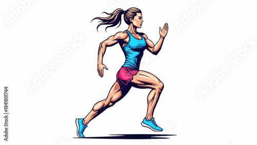 Muscular female athlete running in dynamic motion, fitness and workout concept