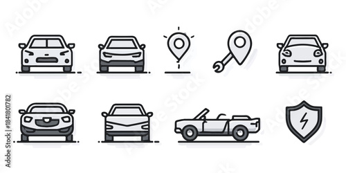 Collection of stylized car icons and location pins representing automotive services and navigation technology