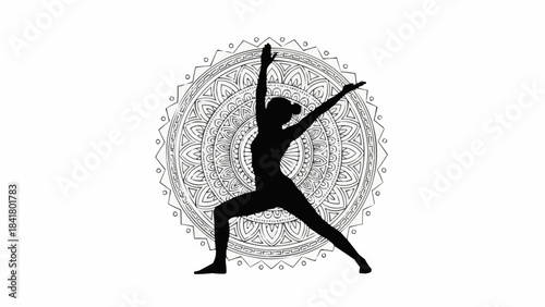 Silhouette of woman practicing warrior ii yoga pose with mandala background