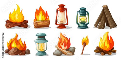 Collection of cartoon campfires lanterns and firewood elements for outdoor adventure and camping illustrations