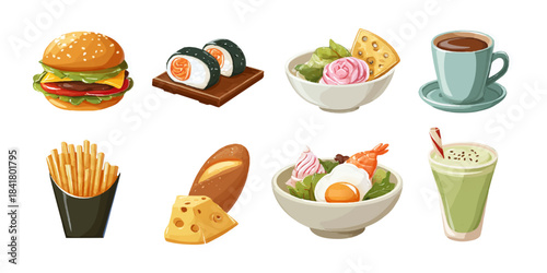 Collection of delicious and diverse food items including a burger sushi fries bread and drinks