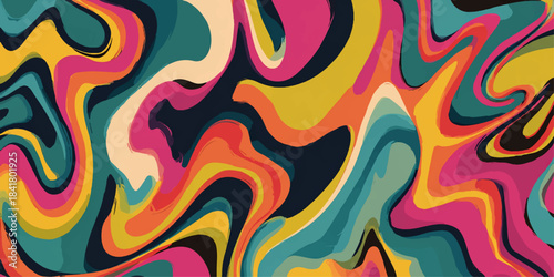 Vibrant psychedelic abstract pattern with swirling colorful liquid paint and organic shapes
