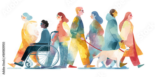Diverse group of people walking together in a colorful watercolor illustration representing inclusion and community