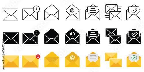 Message icon set. Closed, open and notification envelopes in outline, solid and colored styles vector. Email message set for inbox, documents, contacts and postal communication tasks sign