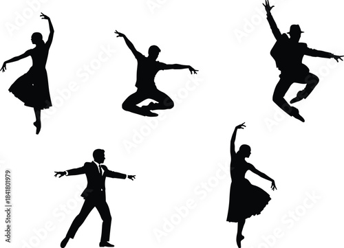 Black Silhouette Vector Set of Diverse Dancers in Dynamic Poses, Professional Ballet and Jazz Performers Jumping, Elegant Man and Woman Dancing, Artistic Movement Illustration.