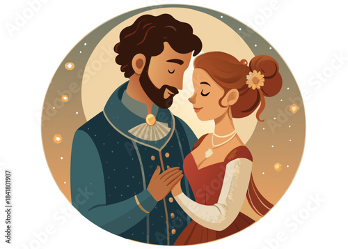 Historical Romance Couple Embracing in Vintage Period Costume