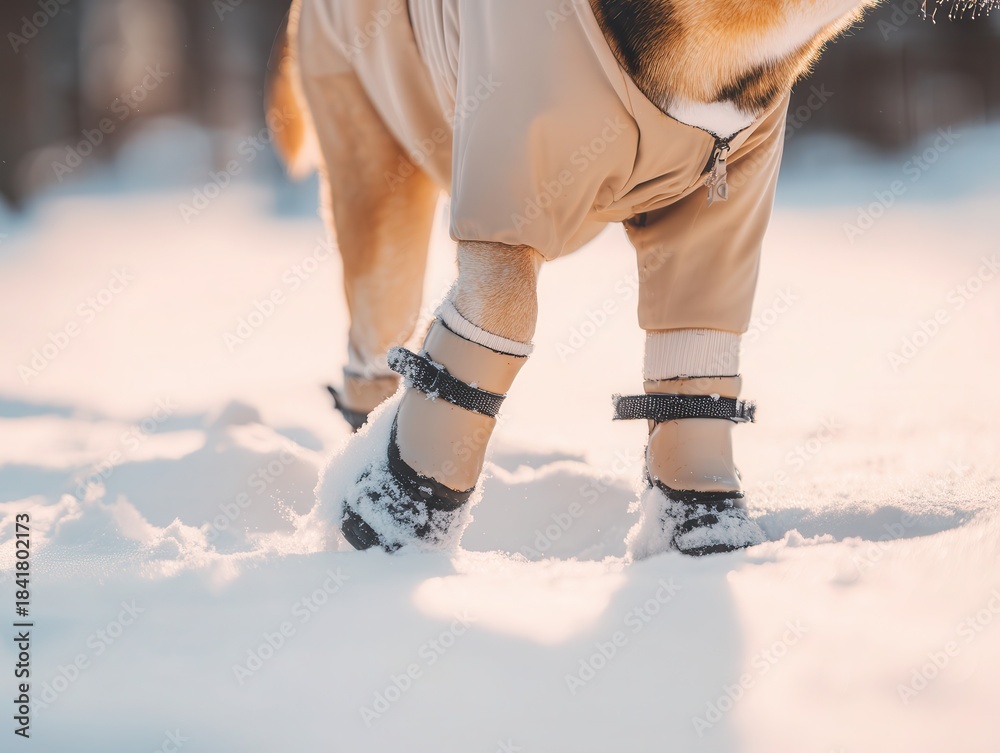 Obraz premium Dog wearing protective winter dog boots and a warm jumpsuit walking on snow