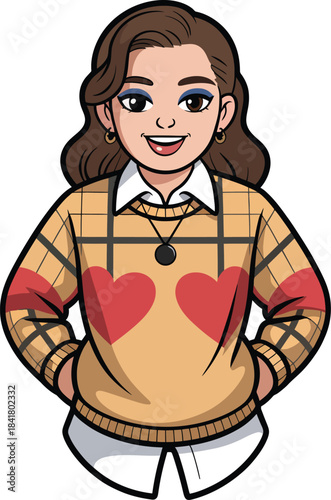 Woman wearing stylish sweater with heart design expressing cheerful confidence vector illustration