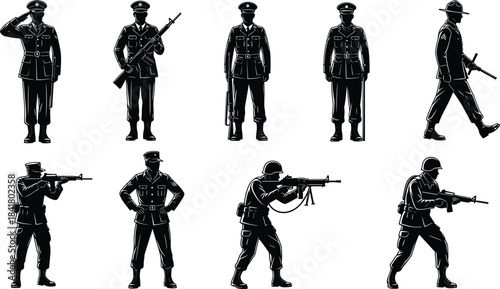 Black Silhouette Vector Set of Military Officers and Soldiers in Formal and Combat Uniforms, Army Personnel Saluting, Marching, and Carrying Weapons, Detailed Forces Illustration.