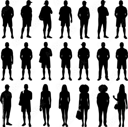 Vector silhouettes men and women, illustration. Silhouettes of young people posing in casual clothes. Transparent EPS version.