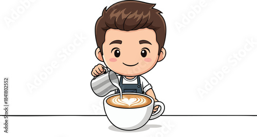 Cute Chibi Barista Making Latte Art Coffee: Cartoon Character Mascot for Coffee Shop Logo and Menu Design. Flat Vector Illustration.