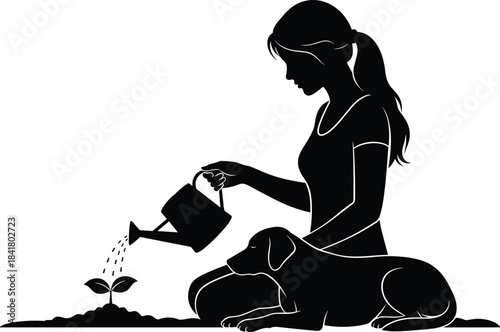 Silhouette of a woman kneeling to water a small plant with her dog companion nearby