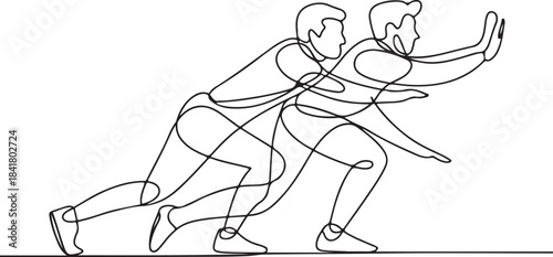 Continuous line art illustration of a team leaning forward ready to defend in minimal contour drawing