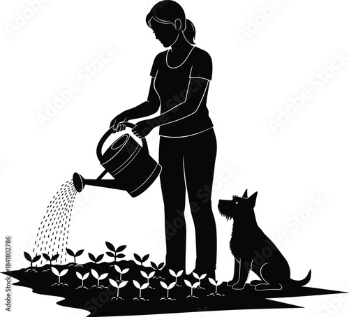 A black silhouette illustration of a woman watering plants with her dog in a garden
