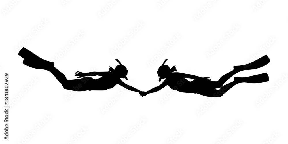 Fototapeta premium Silhouettes of two divers holding hands underwater adventure.