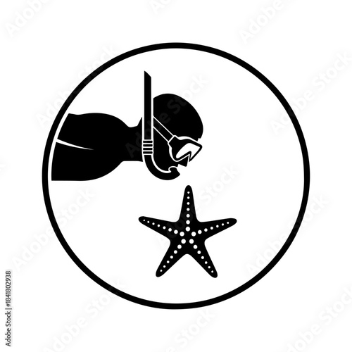 Snorkeler observing a starfish underwater in a circular frame.