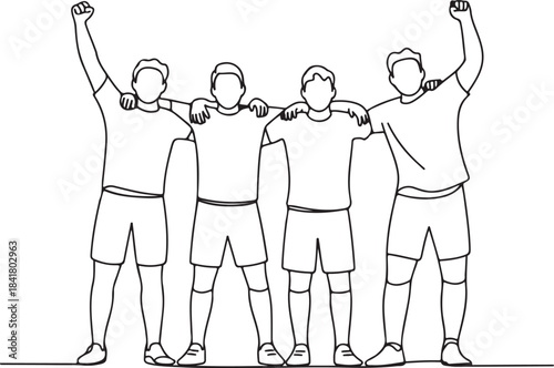 Continuous line art illustration of teammates shouting in celebration in minimal contour drawing