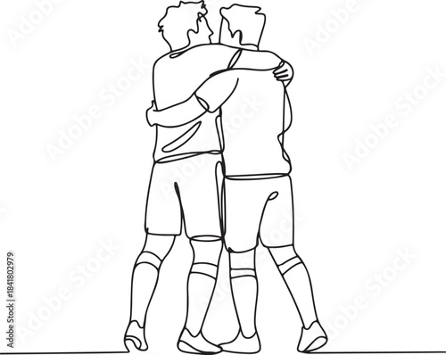 Continuous line art illustration of teammates hugging after a score in minimal contour drawing