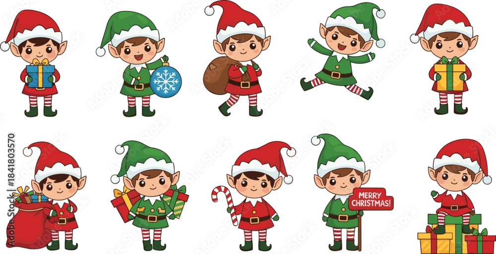 Fototapeta premium Cartoon Christmas elf character set with gifts, candy cane, ornament, sack, and festive poses for holiday design themes.