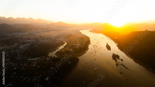 Drone aerial view of Luang Prabang an UNESCO World Heritage city in Laos.