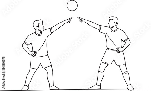 Continuous line art illustration of two players pointing at ball for strategy in minimal contour drawing