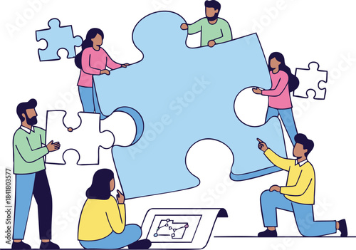 Team collaboration putting together puzzle pieces for successful project development