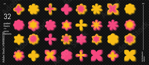 Gradient flower with y2k aura and abstract blur effect for aesthetic background. Unfocused pink blurry shape with soft fluid geometric form. Retro vector transparent sticker set for trendy poster.