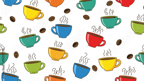Seamless Pattern of Colorful Coffee Cups and Beans: Vector Illustration Background for Cafe Menu, Fabric, Wrapping Paper and Wallpaper.